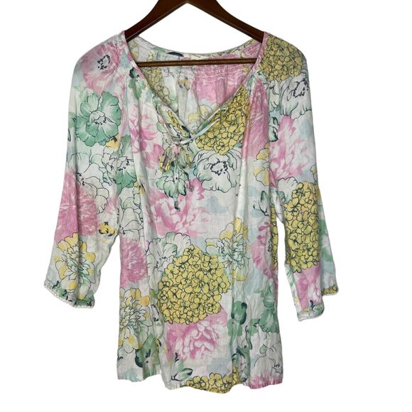 Charter Club L 100% Linen Floral Half‑Sleeve Blouse Casual Summer Breezy - Picture 1 of 9